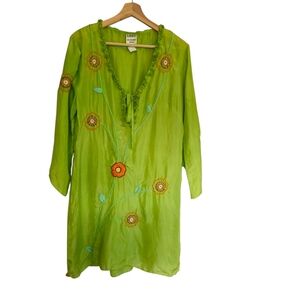 Vintage 60s 100% Silk Green Floral Embroidered Dress Dopamine Bohimian